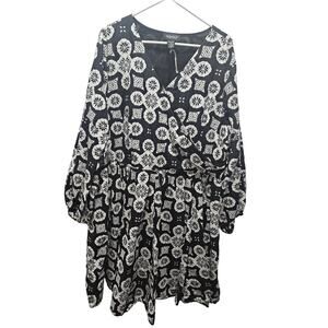 Ashro Black White Boho Print Babydoll Dress Size 24W Long Sleeve Tiered